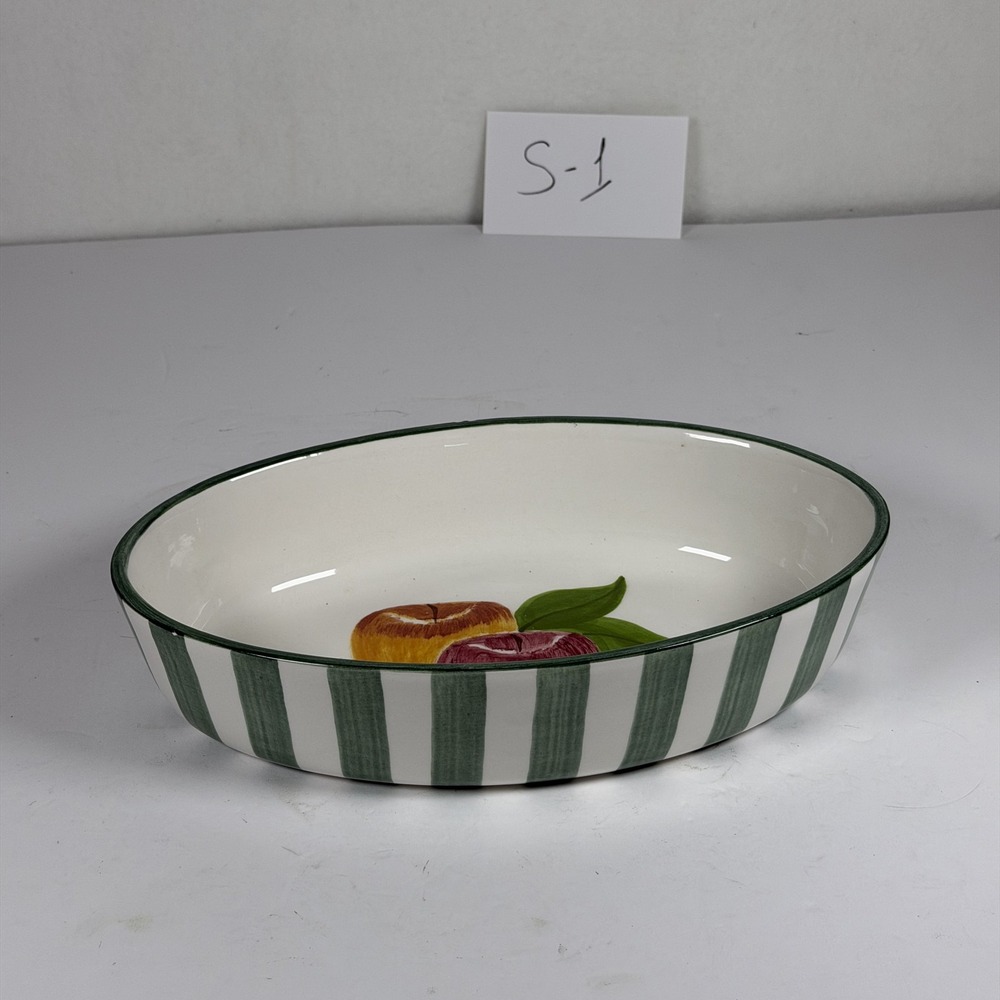 Laurie Gates Ceramic Oval Serving Bowl Apple Motif Green Stripe S-1